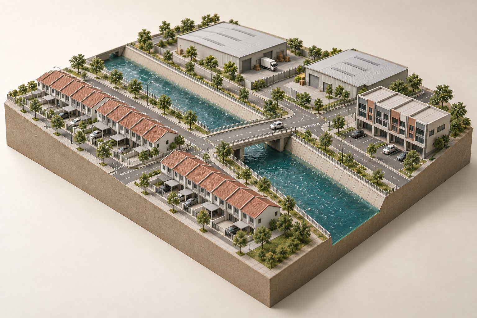 Developed Malaysian township with terrace homes, shoplots and industrial buildings before flooding