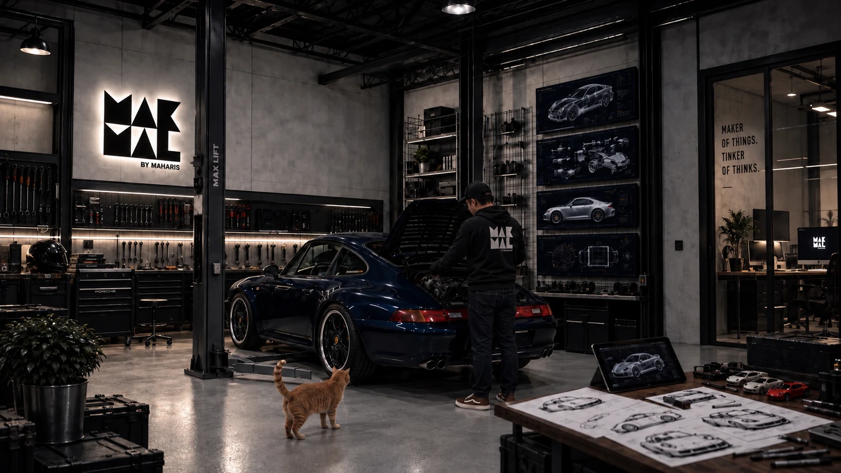 MAKMAL workshop with a maker beside a blue sports car, an orange cat and a table of design sketches