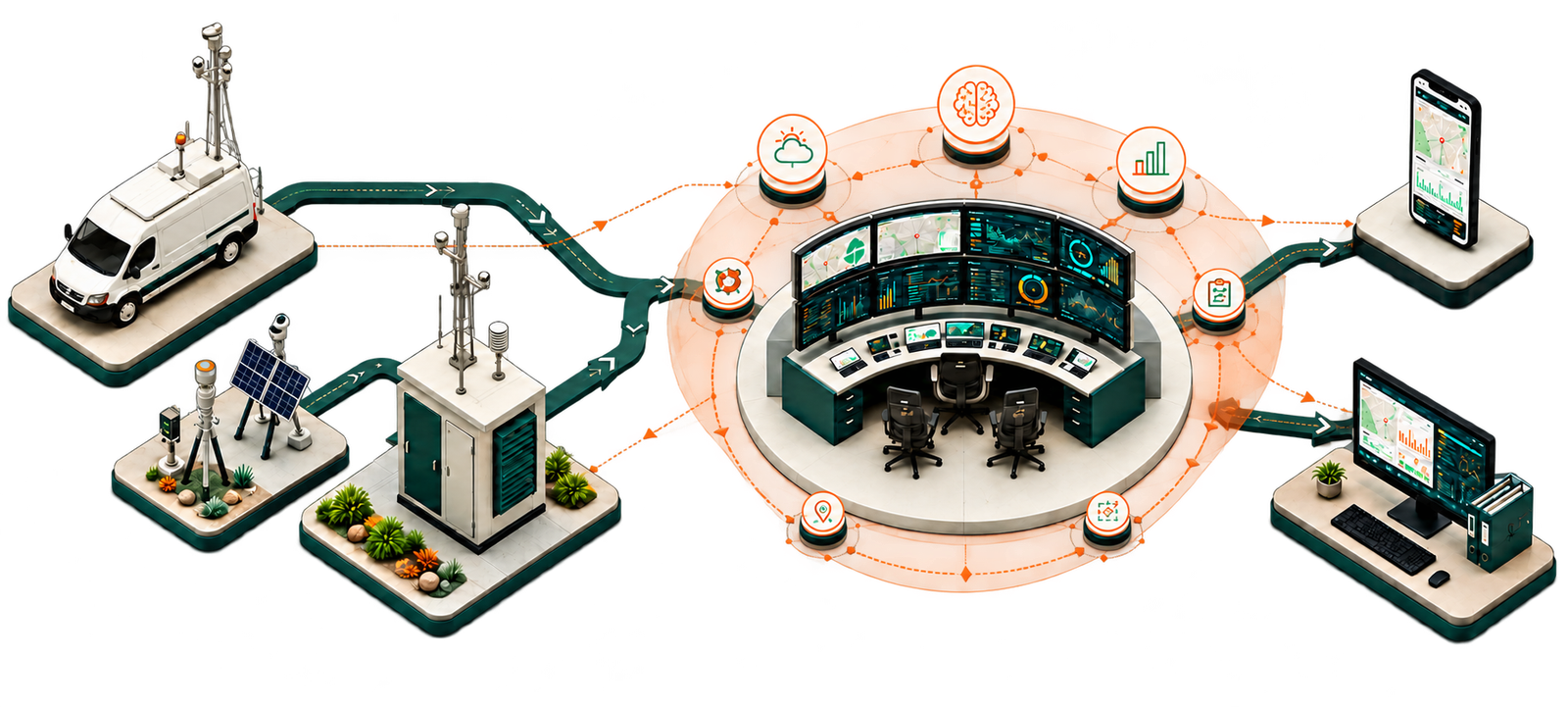 Isometric environmental operating system linking mobile and fixed monitoring through AI-assisted analysis to a human operations centre, public guidance and industry dashboards