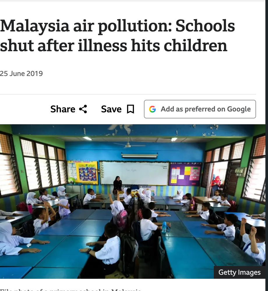 BBC report: Malaysia air pollution — schools shut after illness hits children