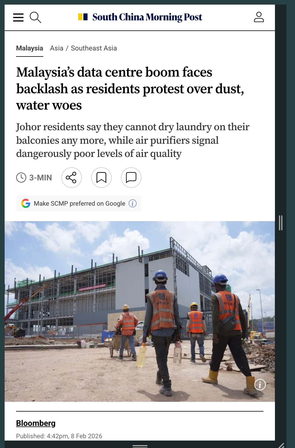South China Morning Post report on residents raising dust and water concerns around data-centre construction in Johor