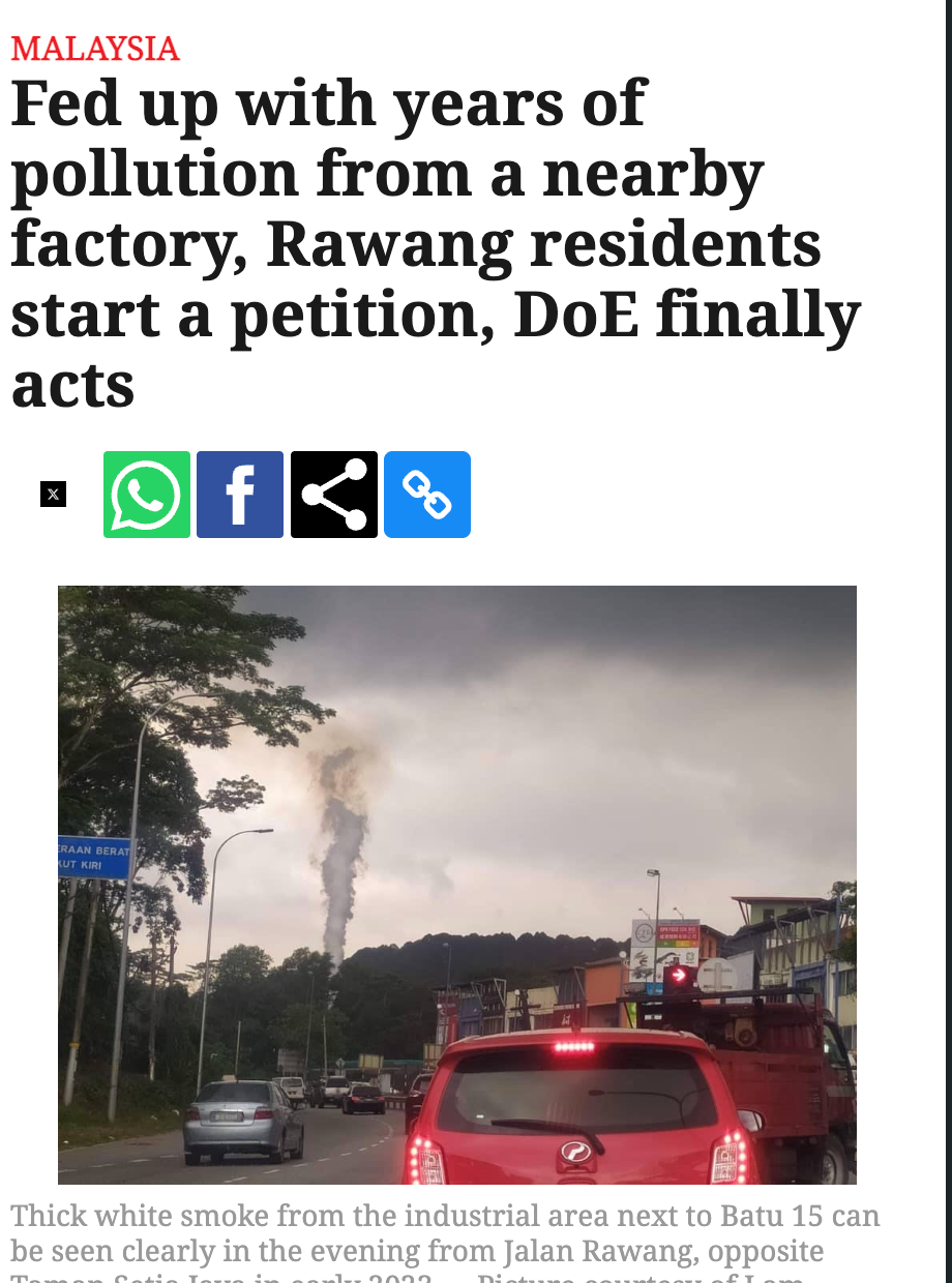 Malay Mail report: Rawang residents fed up with years of pollution from a nearby factory